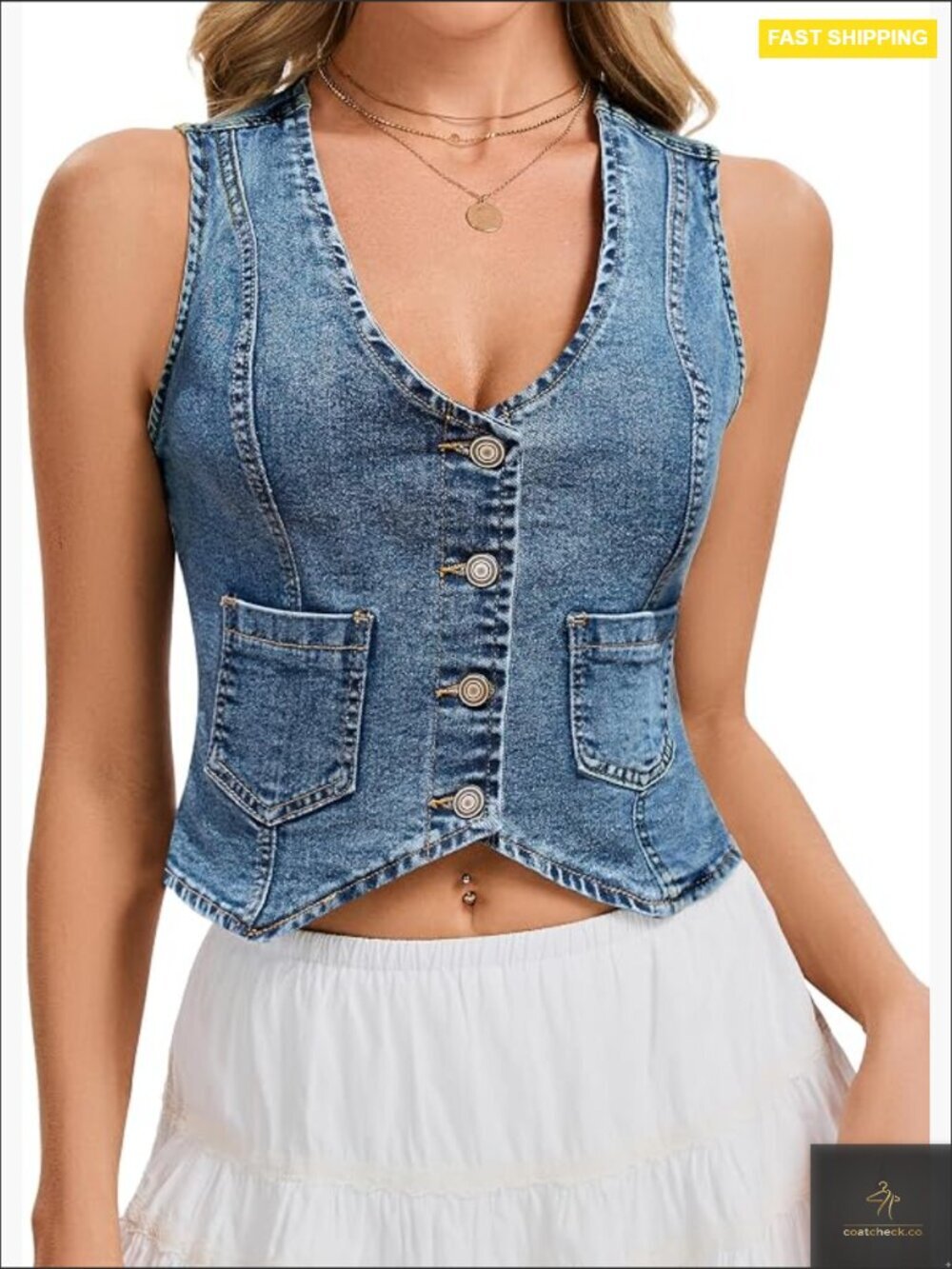 Sleeveless Denim Vest Cropped V Neck Button Down with Pockets Layering Essential